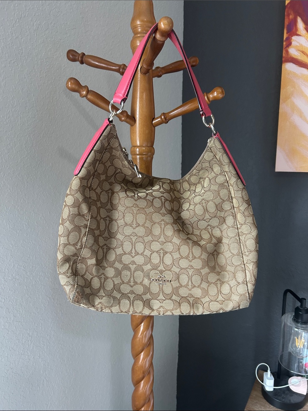 Vintage Coach Khaki Signature Canvas Hobo with Pink Trim